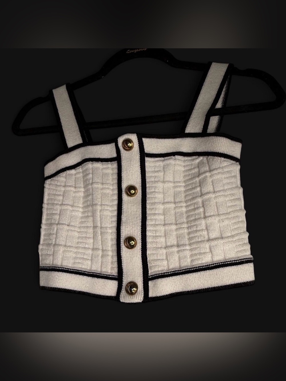 SHEIN Classic White Knit Button-Front Crop Top with Black Trim. Size Small. - Picture 1 of 4